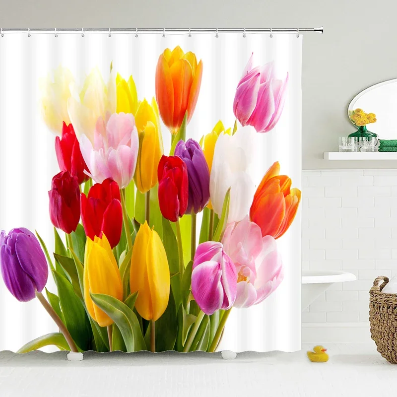 Colorful Tulip Red Rose Pink Cherry Blossom Floral Shower Curtain Fresh Spring Flower Field Print Waterproof Fabric Bathroom Cur