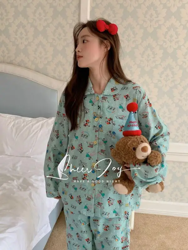 

Hot Selling Cartoon Pajamas Lapel Set for Women Comfortable and Skin-Friendly Printed Student Home Clothes Holiday Gift