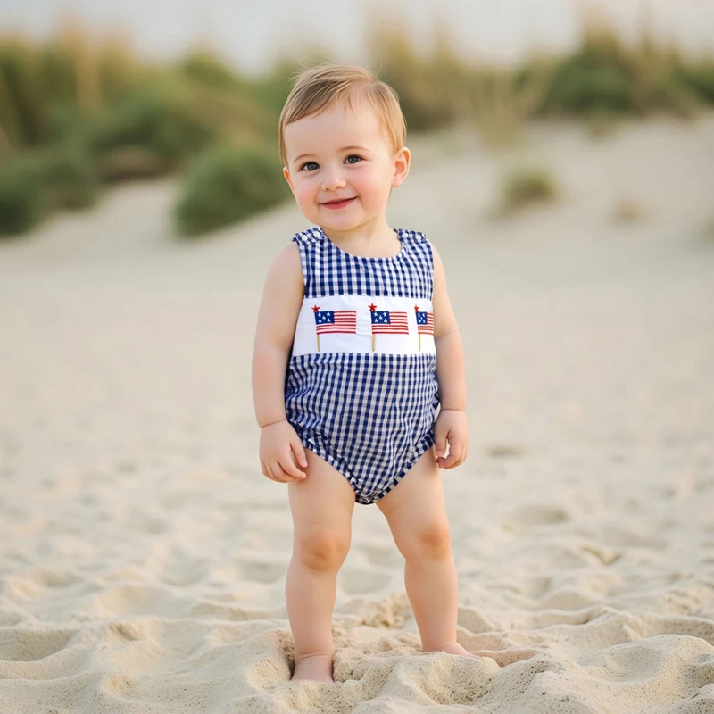

Independence Day Toddler Boy Romper with American Flag Embroidery and Plaid Print Sleeveless Round Neck Jumpsuit
