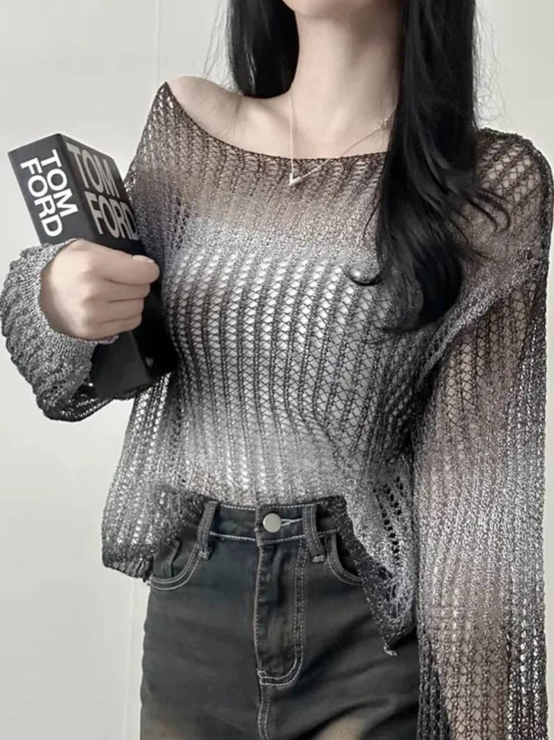 

Faionable adient Color Irregular Hollow Knitted Sweater Women's Loose round Ne Long Sve Sunade Cover up New 2025