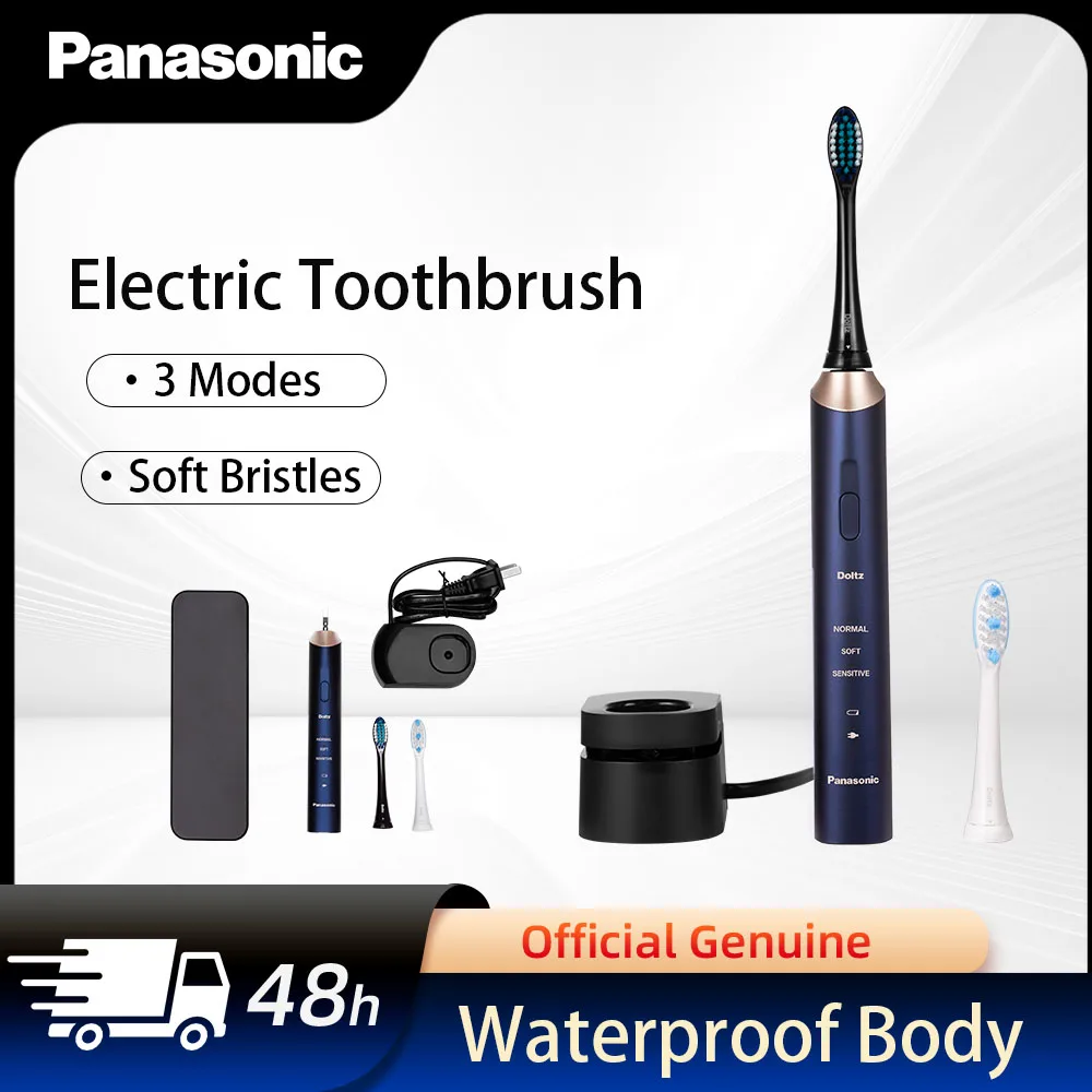 

Panasonic Electric Toothbrush Blue 3 Modes 2 Brush Heads Waterproof Body Soft Bristles Charging Base Home Electric Toothbrush