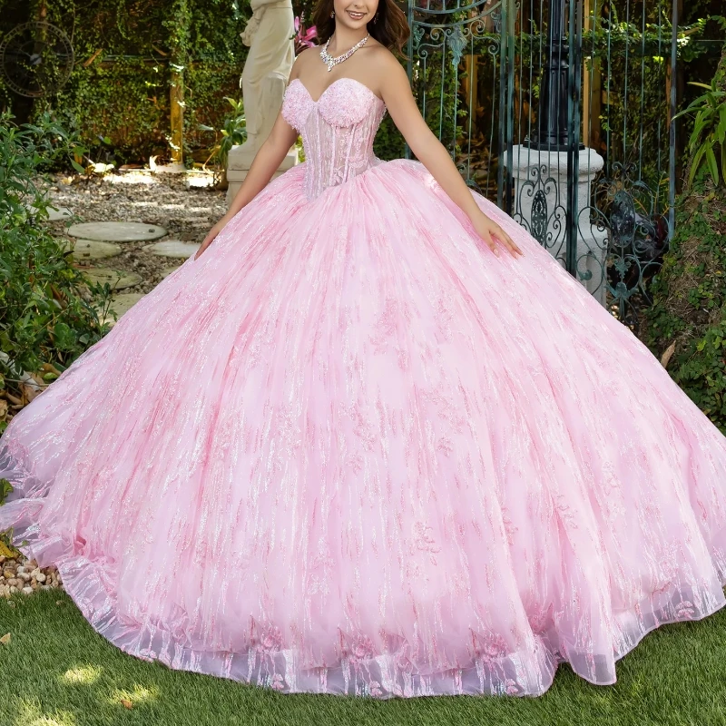 

Pink Ball Gown Quinceanera Dresses for Girls Lace Up Off the Shoulder Sequin Applique Lace Beads Tull Corset Vestidos 15 De Anos