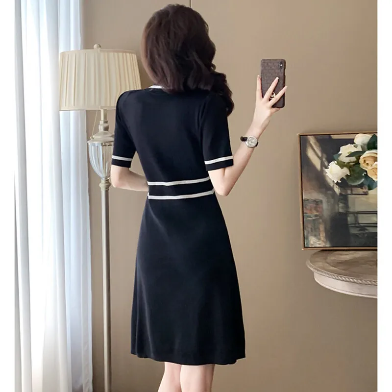 Summer Women's Short Sleeved Dresses Fashion Casual High Quality Stripe Dress A-line Skirt