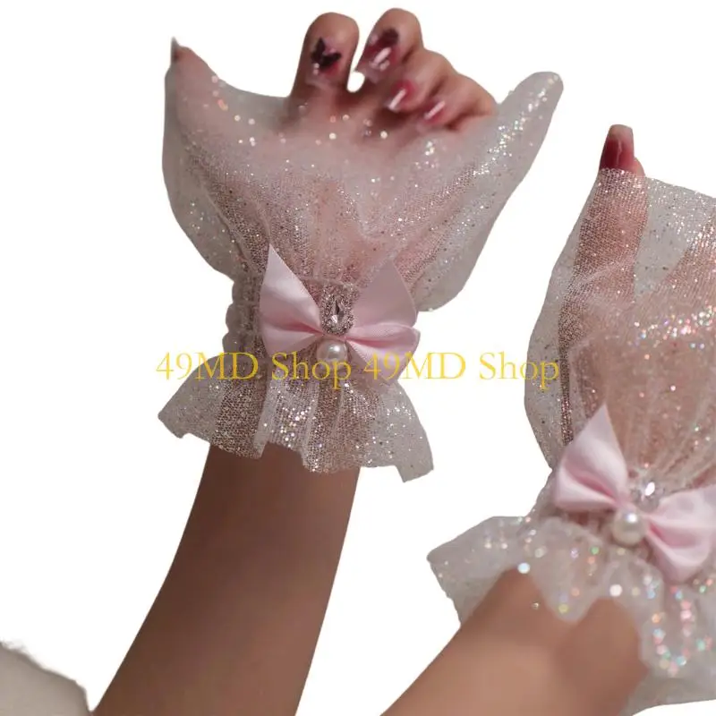49MD Breathable Glitter Wrist Cuffs Fashion Photography Prop Bowknot Ribbon Glitter