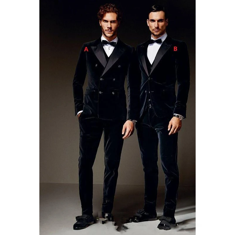 Winter Black Velvet Formal Men Suits Two Styles Groom Groomsmen Tuxedos Peak Lapel 3 Pieces (Jacket+Pants+Vest) Costume Homme