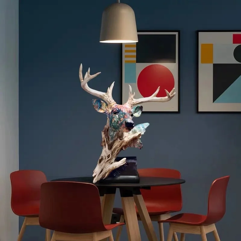 pp-Nordic Style Graffiti Deer Ornament Home Decor Resin Simulation Deer Head Statue Home Office Creative Decoration Crafts