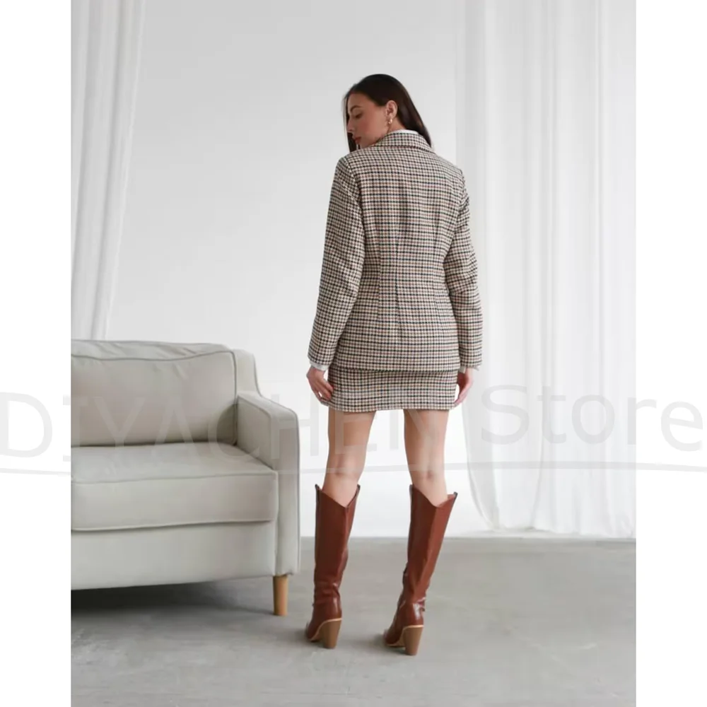 Women Houndstooth Suit 2 Piece Set Double Breasted Blazer And Mini Skirt Elegant Office Business Casual Outfit Party Suits