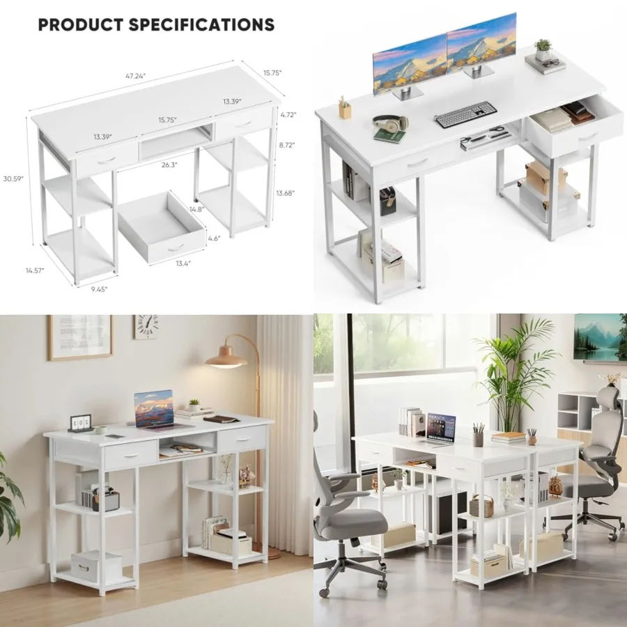 

48" Small Computer Home Office Desk for Bedroom with Drawers, Gaming Writing Study Table with Storage Shelf, Adjustable Feet, M