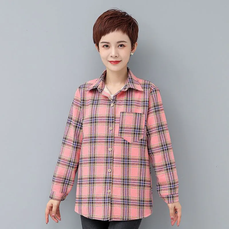 New Autumn Winter Velvet Shirt Middle And Elderly Women's Shirts Warm Thick One-Piece Velvet Checkered Shirt Jacket Top 5XL