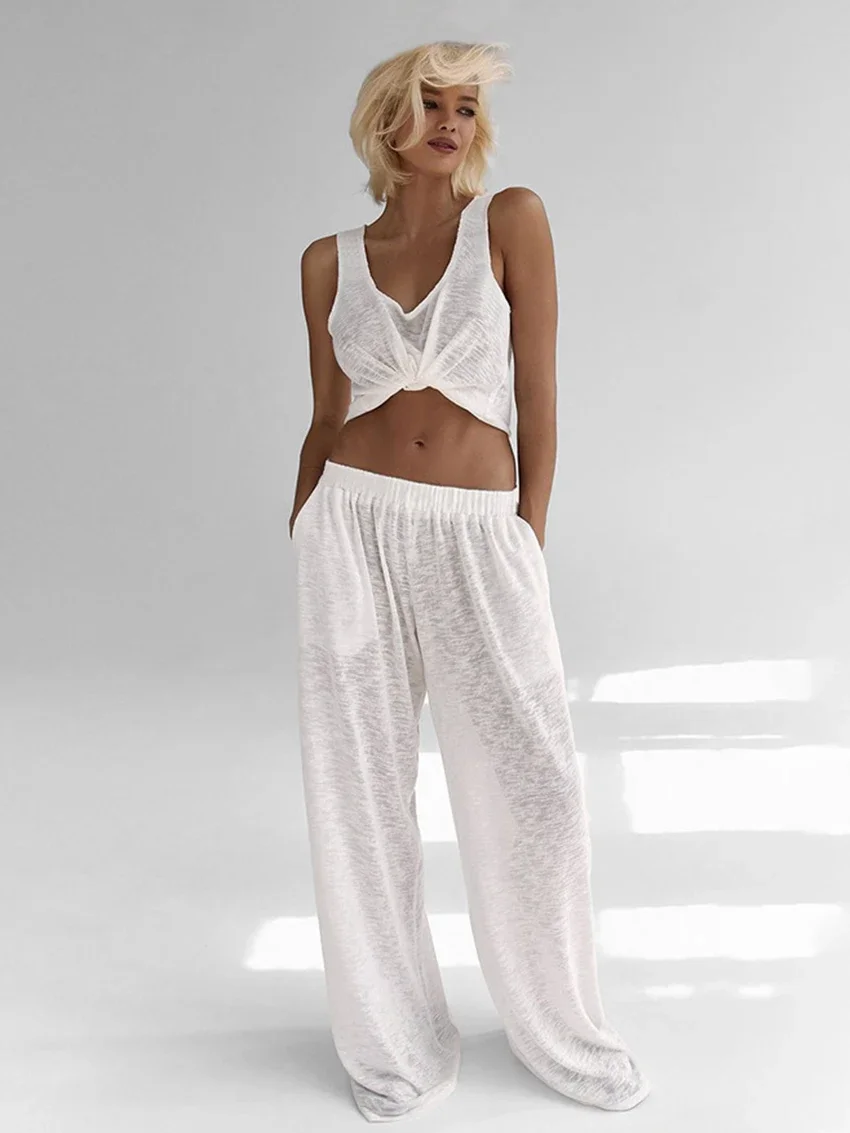

Marthaqiqi New Summer Female Nightgowns Suit Sexy Tank Tops Pajamas Sleeveless Sleepwear Pants Casual Ladies Nightie 2 Piece Set