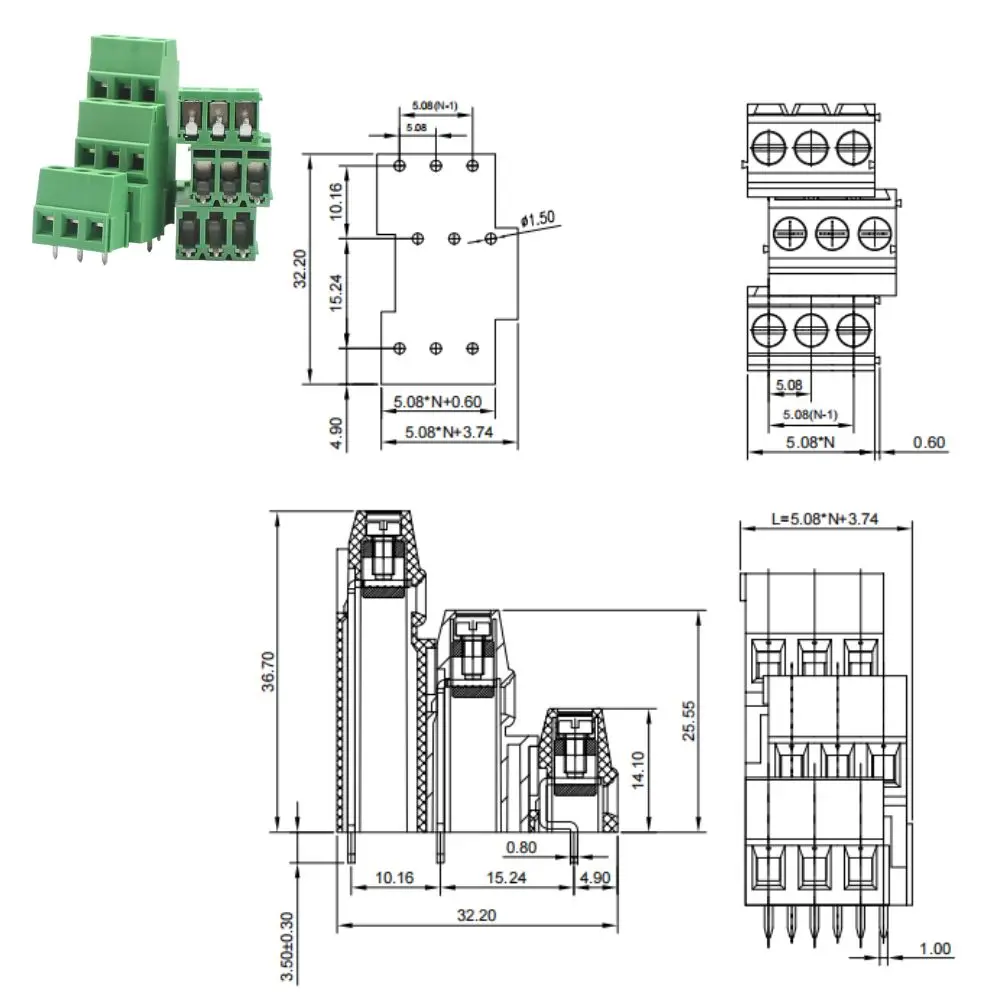 50/25PCS DG500B3 KF128B3 5.08mm Pitch Screw PCB Terminal Block, Modular 2P 3P Circuit Wiring Connector