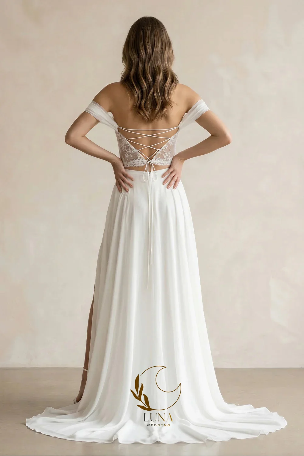 Luna Customized Two-Piece Chiffon Off-the-Shoulder A-Line Wedding Dress in White Lace Backless Sexy Bridal Gown with Slit