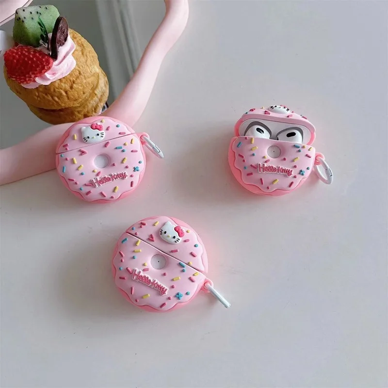 Cute Pink Hello KT Cat Donut Headphone Protective Case for AirPods 4 3 2 1 Pro Pro2 Silicone Anti Drop Sleeve