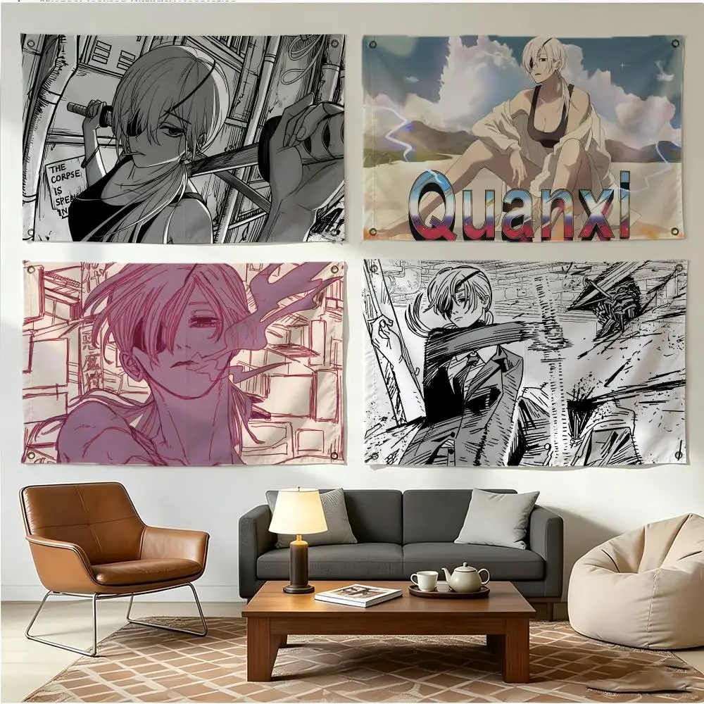 Anime Character Chainsaw Man Quanxi Flags Four Ring Borderless Art Decor Indoor Outdoor Use Simple Hang And Install