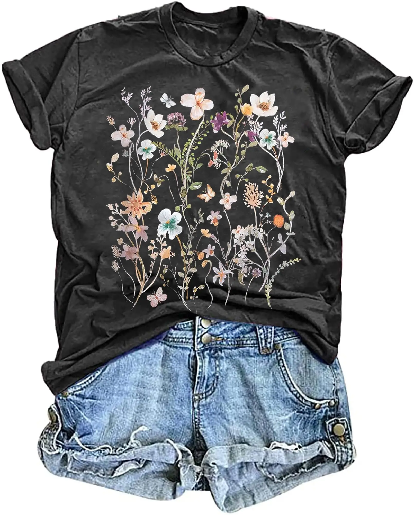 2025 T-shirt imprimé rétro pour femmes bohème motif de fleurs sauvages T-shirt ample à manches courtes haut décontracté femmes vêtements graphique