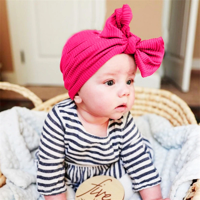 Baby Girl Boy Cotton Accessories Turban Big Bow Hat Toddler Kids Head Wrap Newborn Beanie Solid Color Infant Bonnet Cap 0-2T