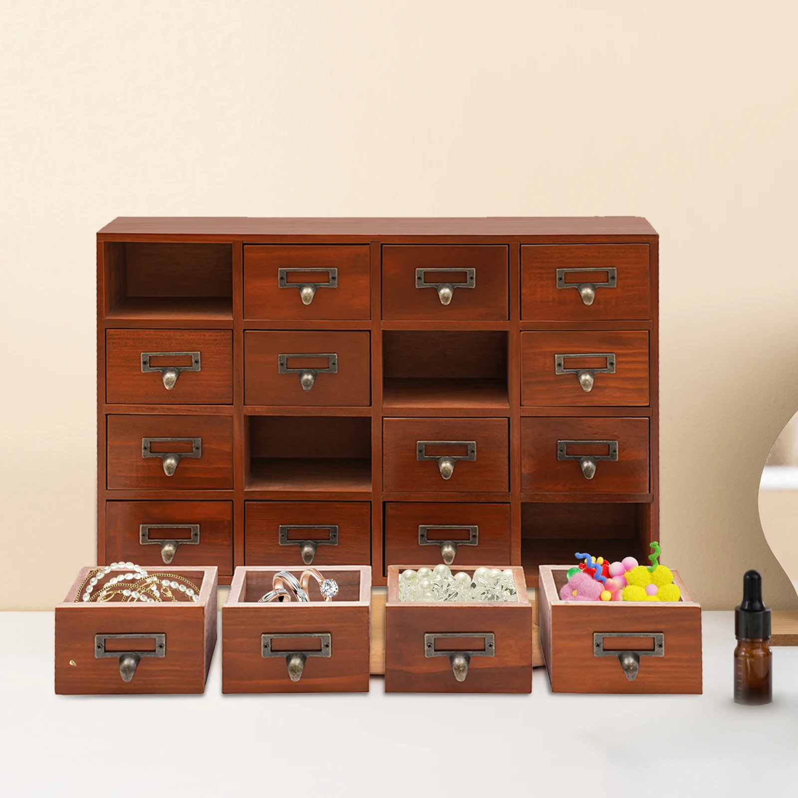 

16 Drawer Vintage Pine Wood Stackable Storage Drawers with Practical Handles for Living Rooms Bedrooms Study Rooms Offices