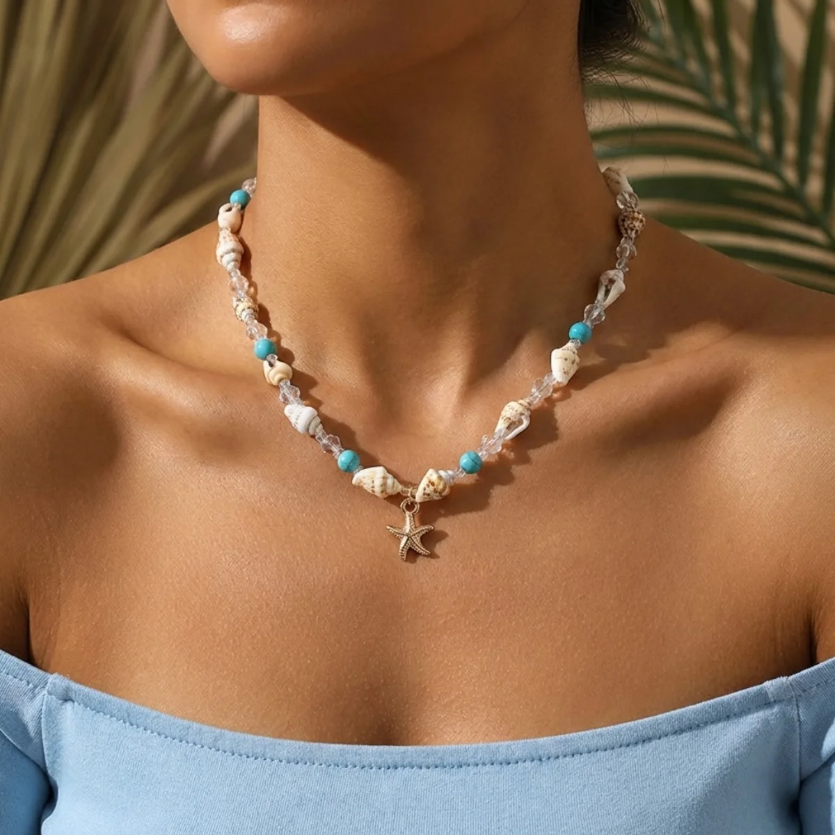 Metall-Seestern-Muschel-Anhänger-Halskette für Damen und Herren, Kristall-Reisperlen-Choker, Bohemian-Strandurlaub, Sommerparty-Schmuck – Detail 6