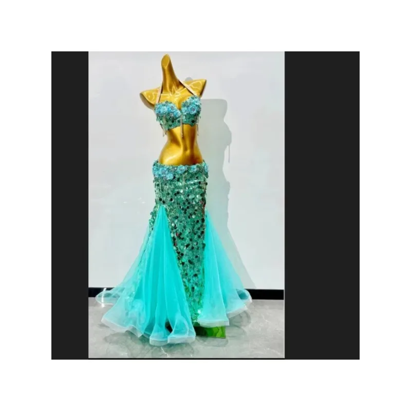 Belly Dance Performance Set for Women Big Sequins Bra Top+long Skirt 2pcs Custom Adult Oriental Belly Dancing Outfit