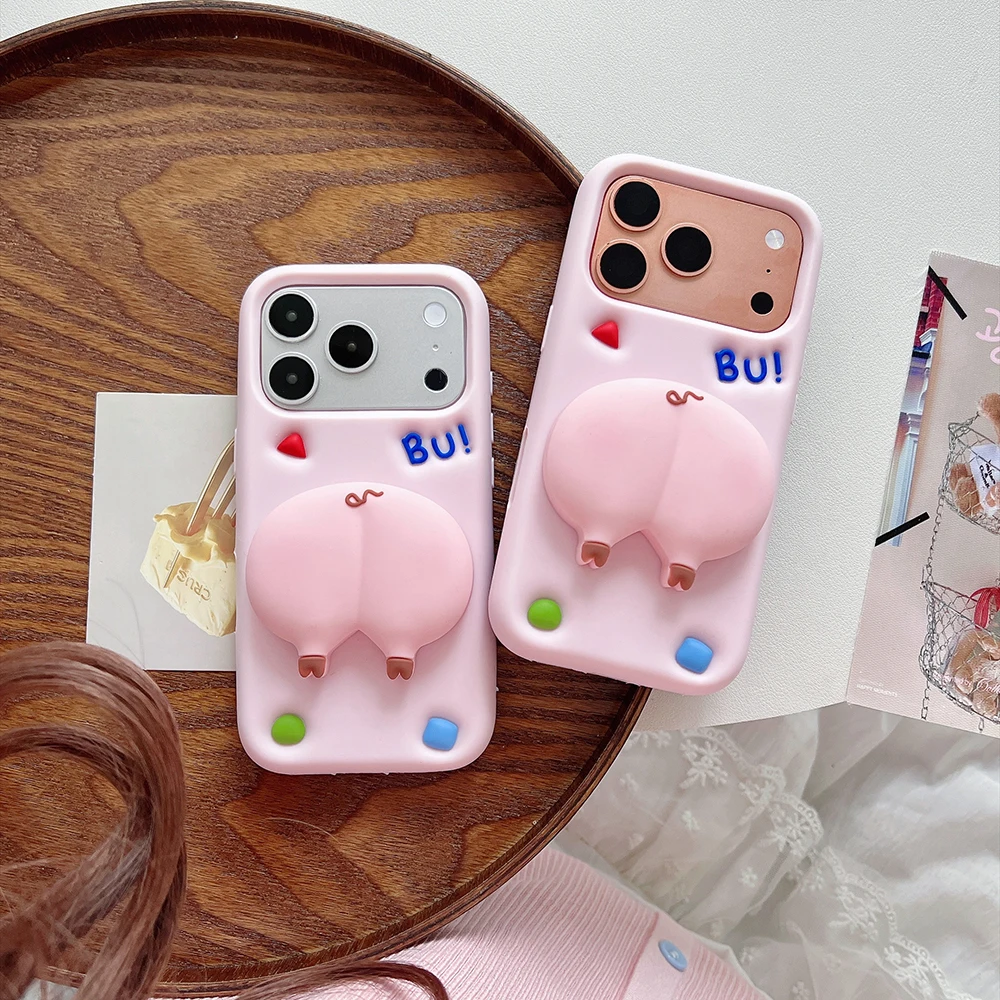 3D Cartoon Schweinchen-Po-Halterung Weiche Silikon-Handyhülle für iPhone 16 17 18 Pro Max Lustige Stoßfeste Standhalter-Abdeckung – Detail 5
