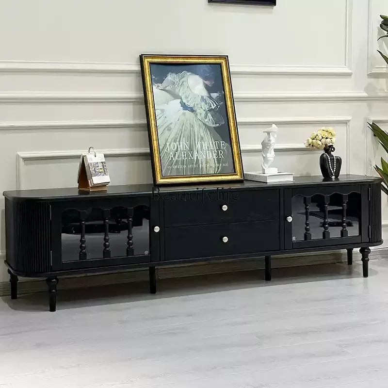 

FG52*French retro pure solid wood TV cabinet black American red oak floor cabinet medium ancient style
