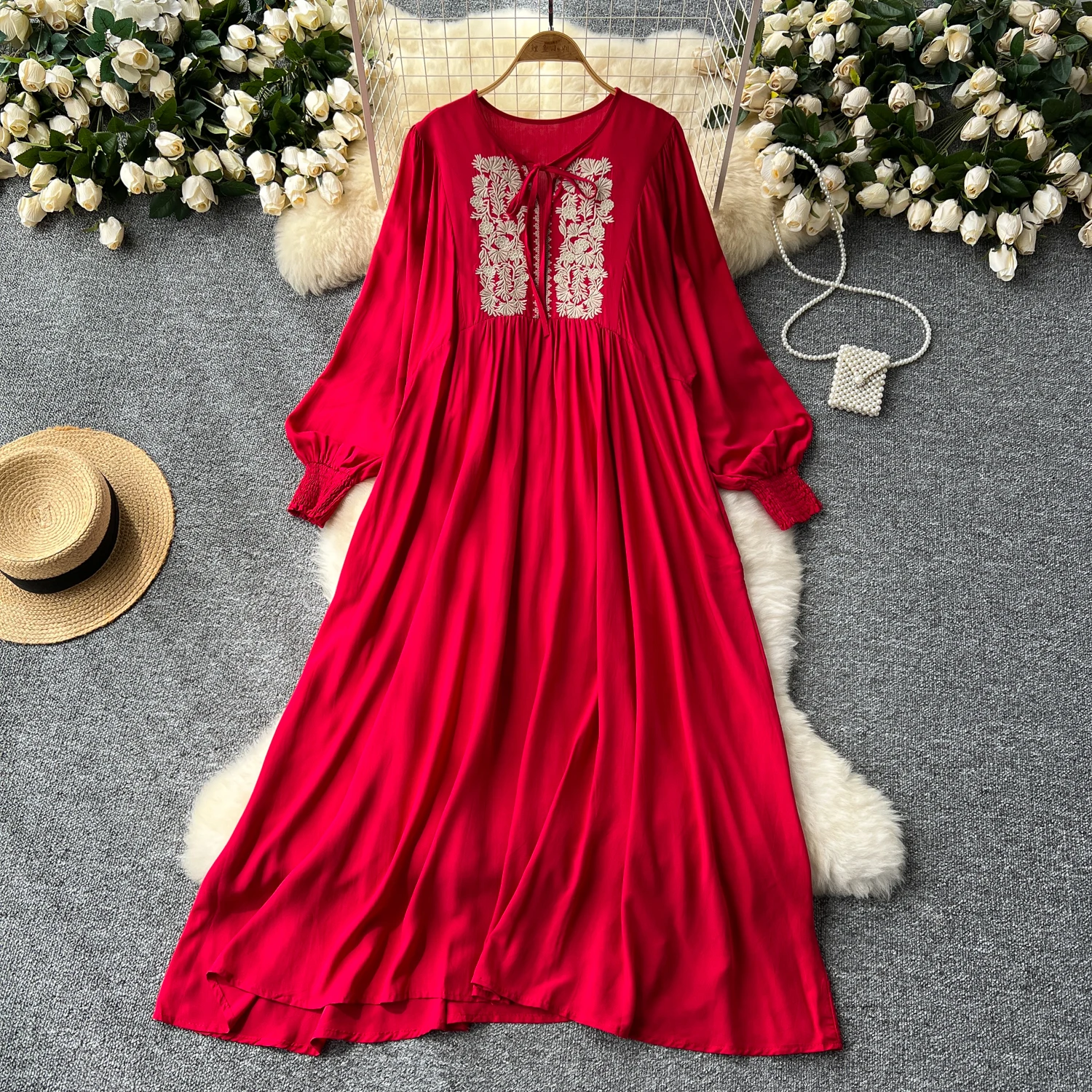 Retro embroidery loose lace-up o neck Lantern Sleeve summer Dress A-line Vacation print Women Elegant sweet dresses