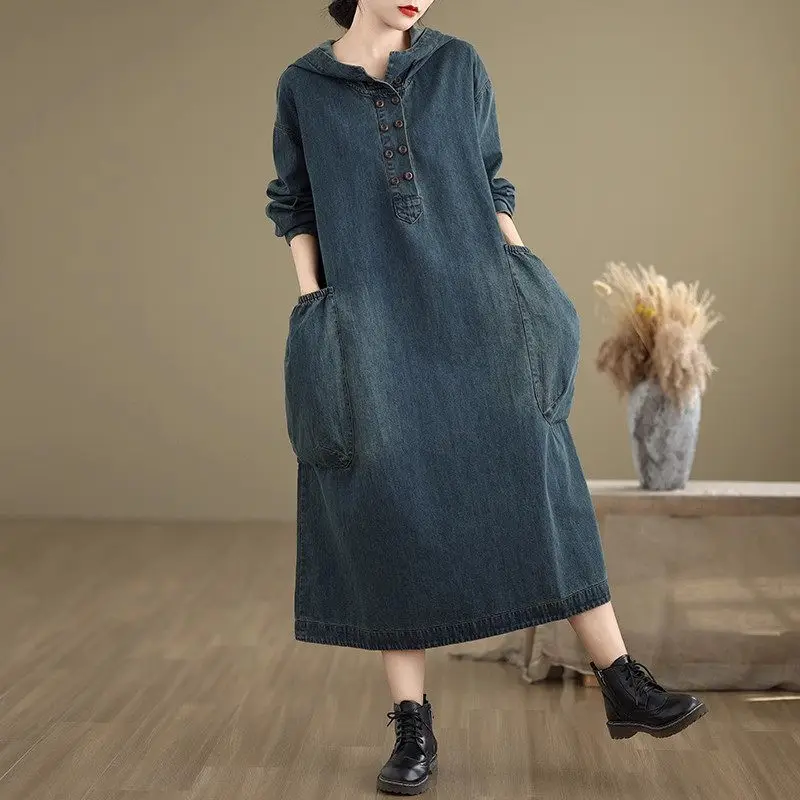 Large Pocket Hooded Denim Dress For Women 2024 Autumn Winter Double Breasted Distressed  Loose Long Vintage Fashion Dress k2774