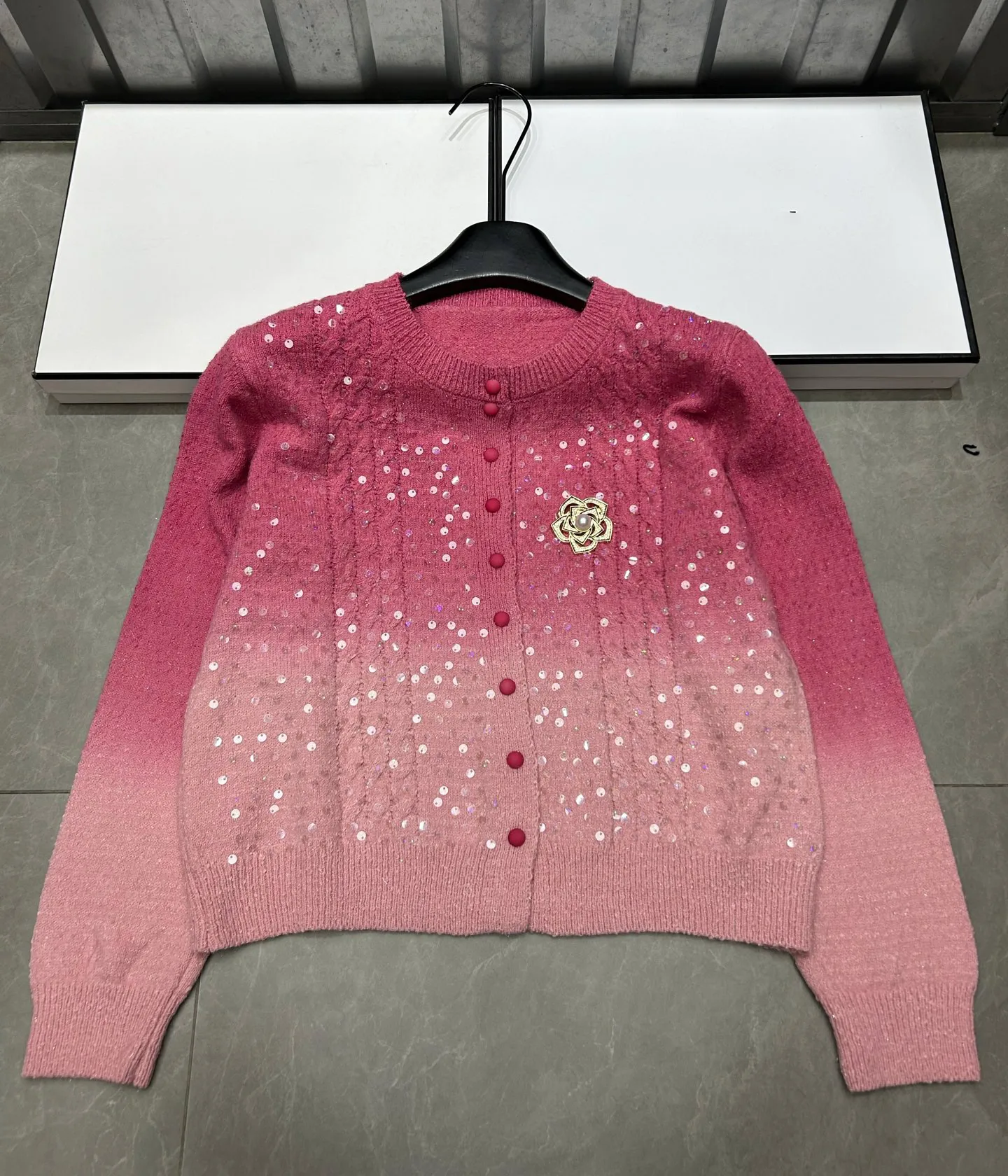 Farbverlauf Gestrickte Wolle Strickjacke Frauen Oansatz 2025, Herbst Winter Langarm Dame Mode Pailletten Pullover Tops C233