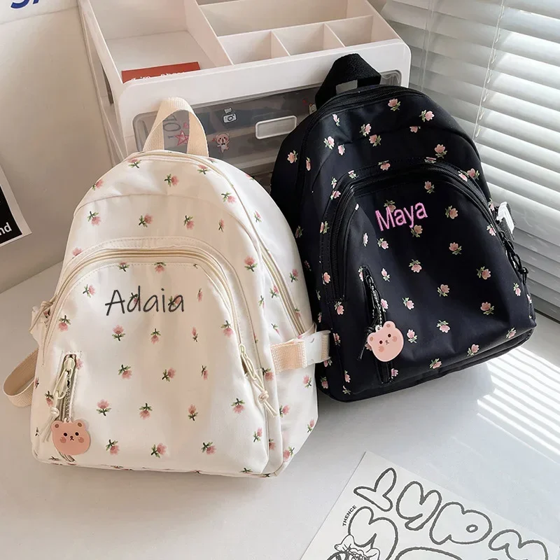 Sac à dos personnalisé avec nom brodé floral pour filles, sac à dos scolaire Kawaii, sac à dos décontracté pour dames, sacs à main