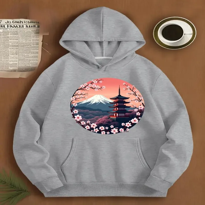 

Fall Winter Oversize Female Sweatshirt Plus Size Women Clothes Japanese Pagoda Cherry Blossom Mount Fuji Long Sleeve Trendy Top