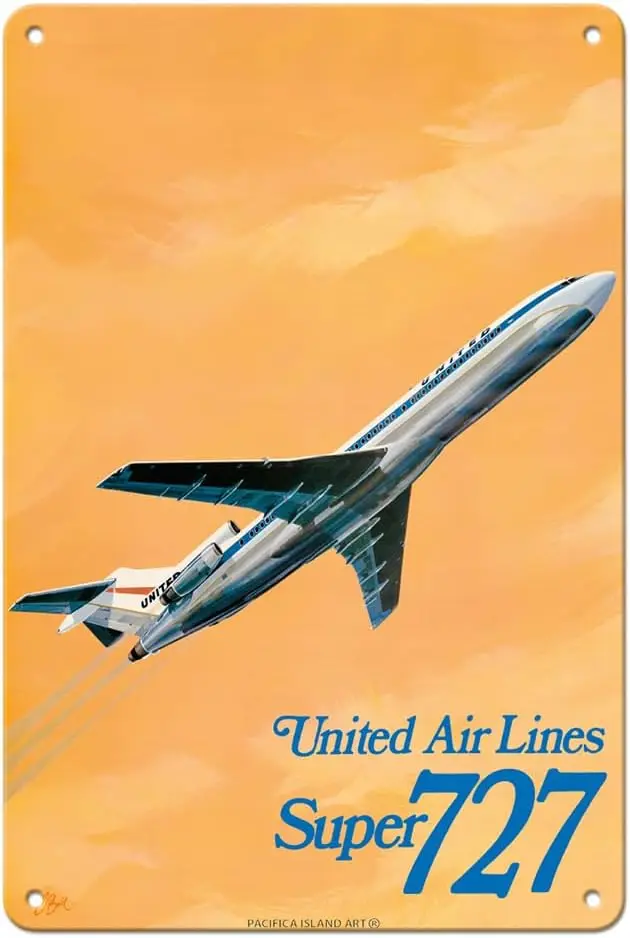 Pacifica Island Art Super 727 Jet Airplane - Vintage Airline Travel Poster by C. Bail c.1969- Metal Tin Sign