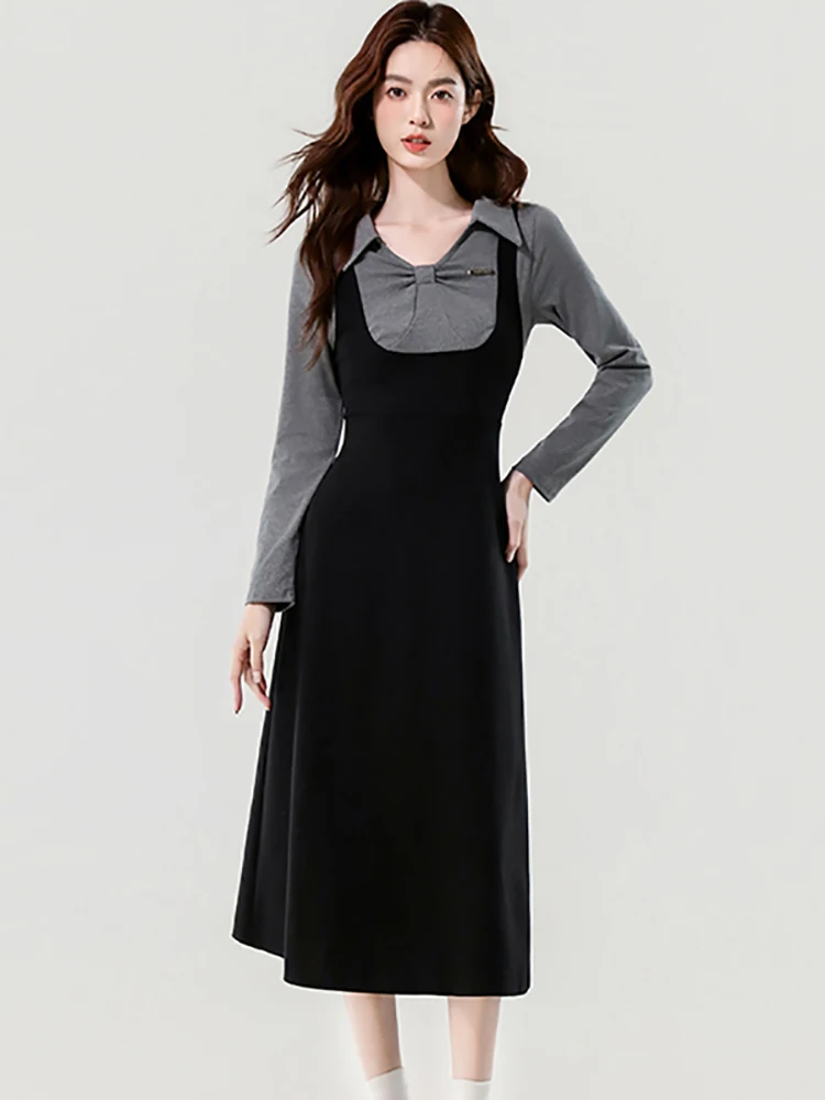 

Autumn Winter Black Patchwork Knitted Long Dress Women Long Sleeve Polo Collar Dress 2025 New Elegant Bodycon Preppy Style Dress