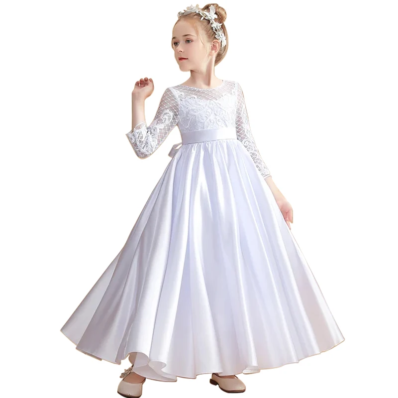 

white Satin Flower Girl dress tulle grid appliques long sleeve Can custom color kids birthday party prom elegant evening gown