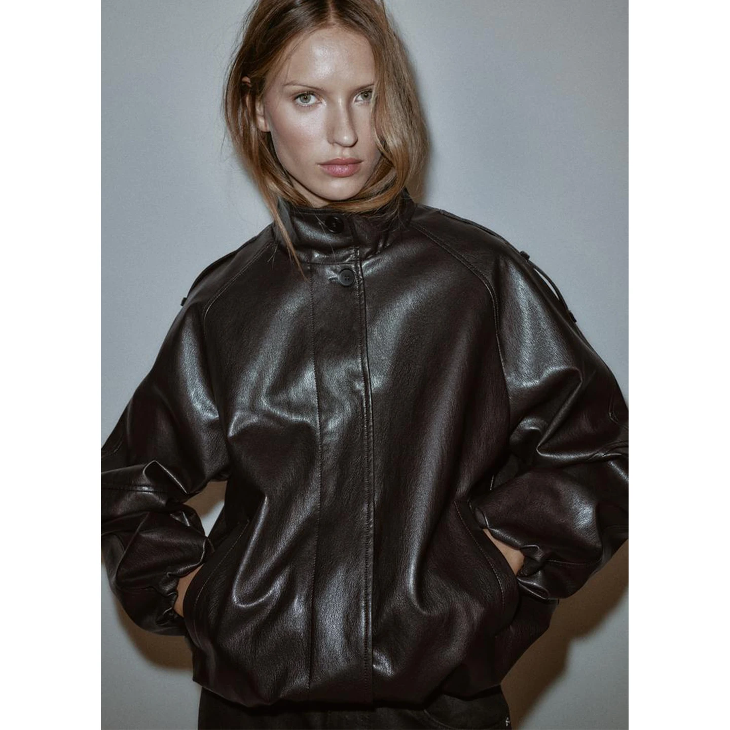 Faionable فضفاض الوقوف طوق طويل Sve بولي Leather الجلود Jaet المرأة ملابس خارجية الخريف الشتاء جديد Sle 638025 ألياف البوليستر #3