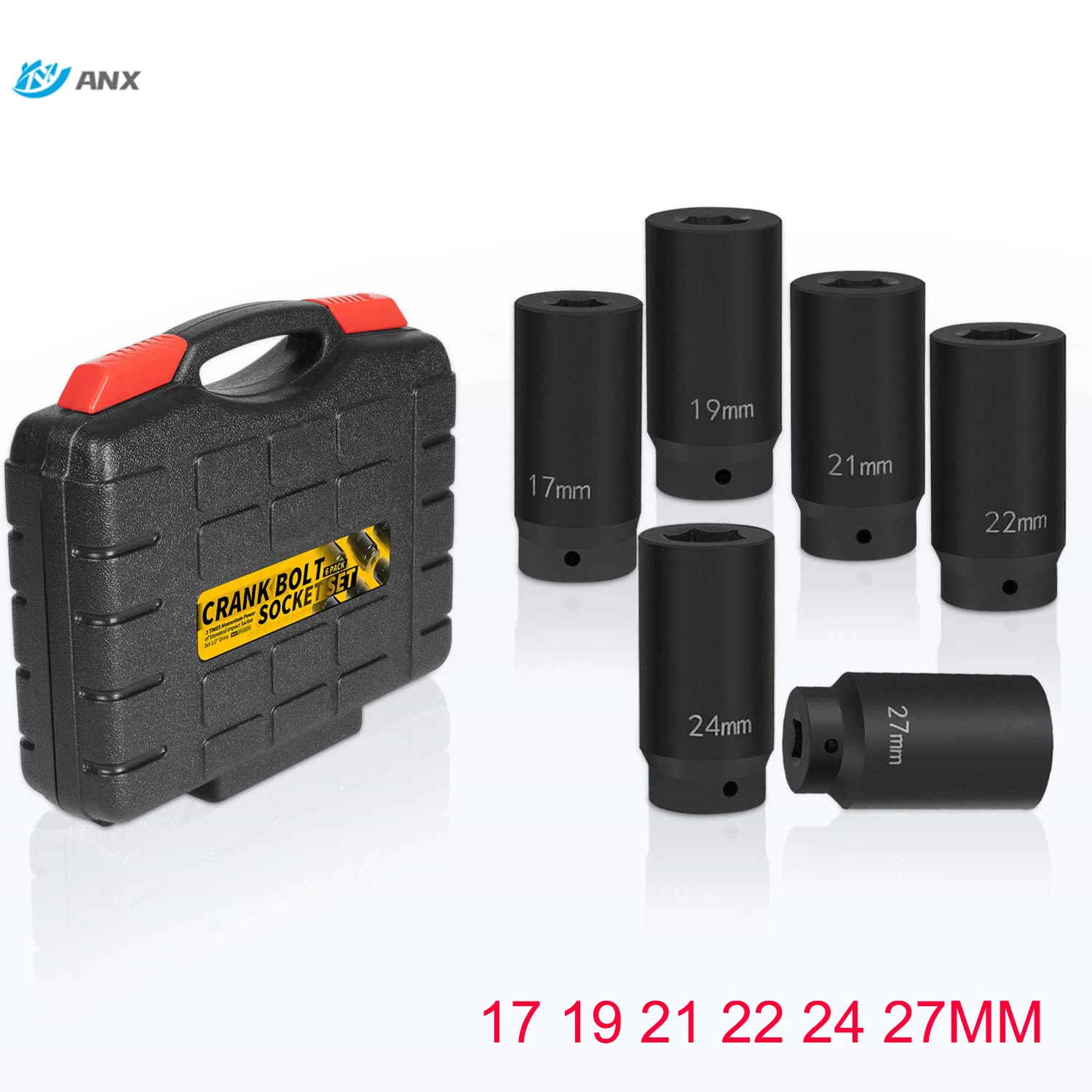 

17 19 21 22 24 27MM Harmonic Balancer Socket Set 1/2" Drive Metric Deep Impact Socket Set (3 Times Momentum Power) 6Pc with Case