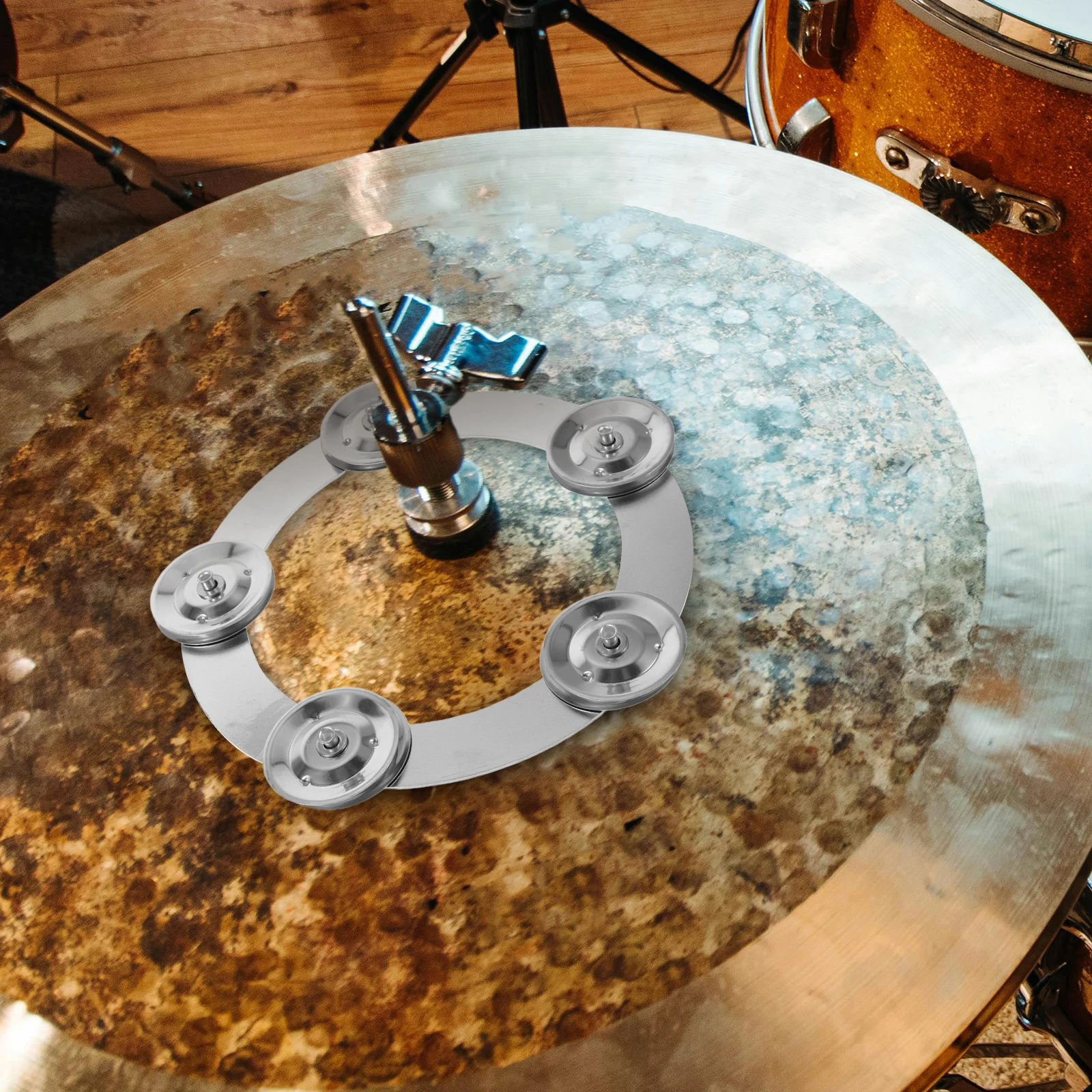 

Drum Set Metal Cymbal Attachment Hi Hat Tambourine Accessory Clear Sound Replacement for Practice Performance and Professional