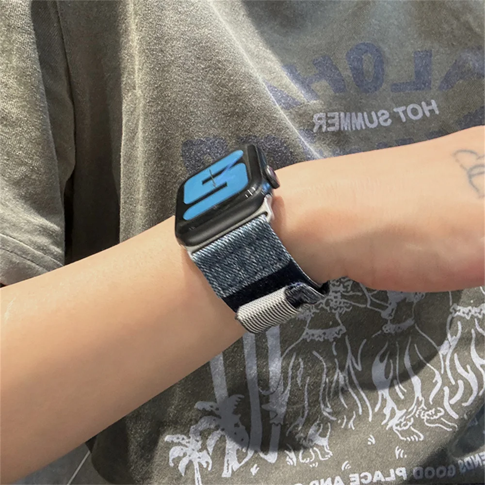 INS Designer Tie Dye Denim Jeans Band For Apple Watch 44mm 40 45 41 49 42 38 Loop Canvas Strap For Ultra Series 9 8 SE 7 6 5 4 3