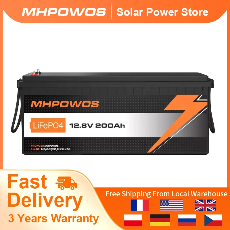 MHPOWOS 12V LiFePO4 Batterij 200Ah met BMS Lithium-ijzerfosfaat Batterij Oplaadbare Batterijen Voor Kampeerders RV Boot Solar