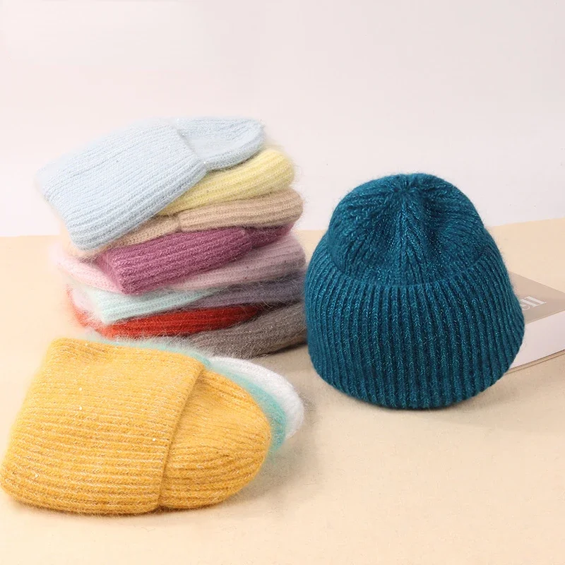 2024 جديد أرنب الفراء الدافئة بيني النساء قبعات الشتاء الترتر بلينغ سميكة محبوك Skullies ل Gorros قبعة الإناث الموضة بالجملة