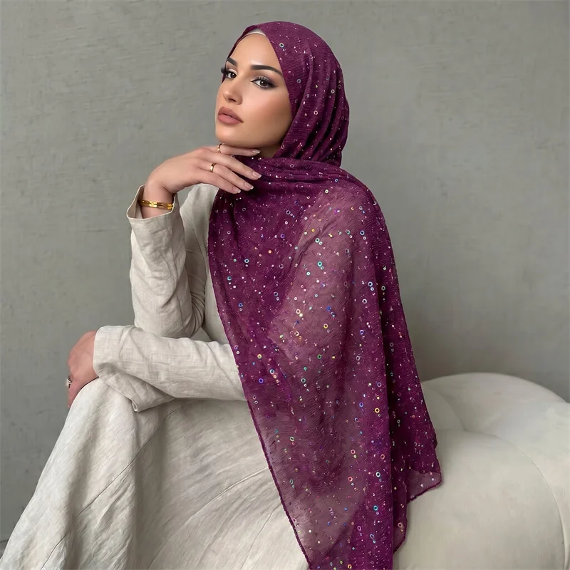 Purple Polyester Iridescent Sequin Hijab Women Sparkly Crinkle Headscarf Shimmer Muslim Wrap Scarf For Wedding Party