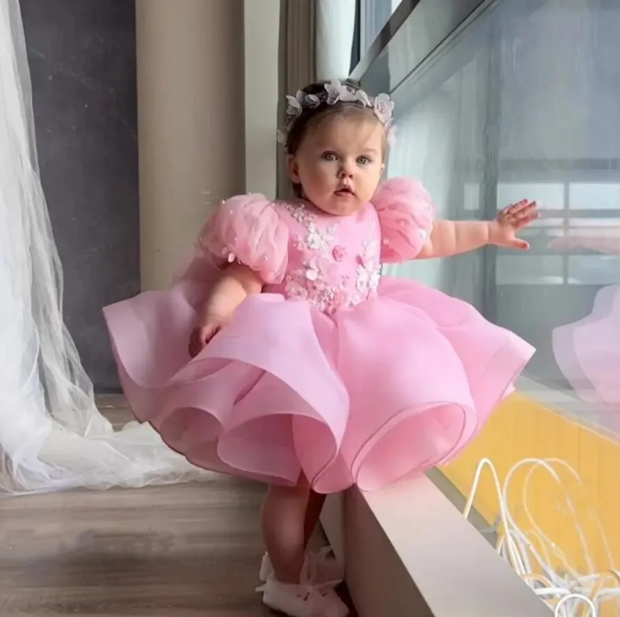 New Fluffy Baby Girl Dress Pink Party Gown Lolita First Birthday Princess Dress Christening Gown Baby Clothing with Big Bow