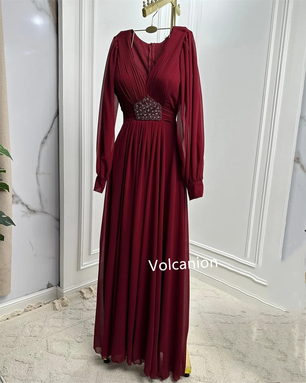 Customized Chiffon Rhinestone Pleat A-line V-neck Midi Dresses Bespoke Occasion Prom Casual Simple Sizes Available