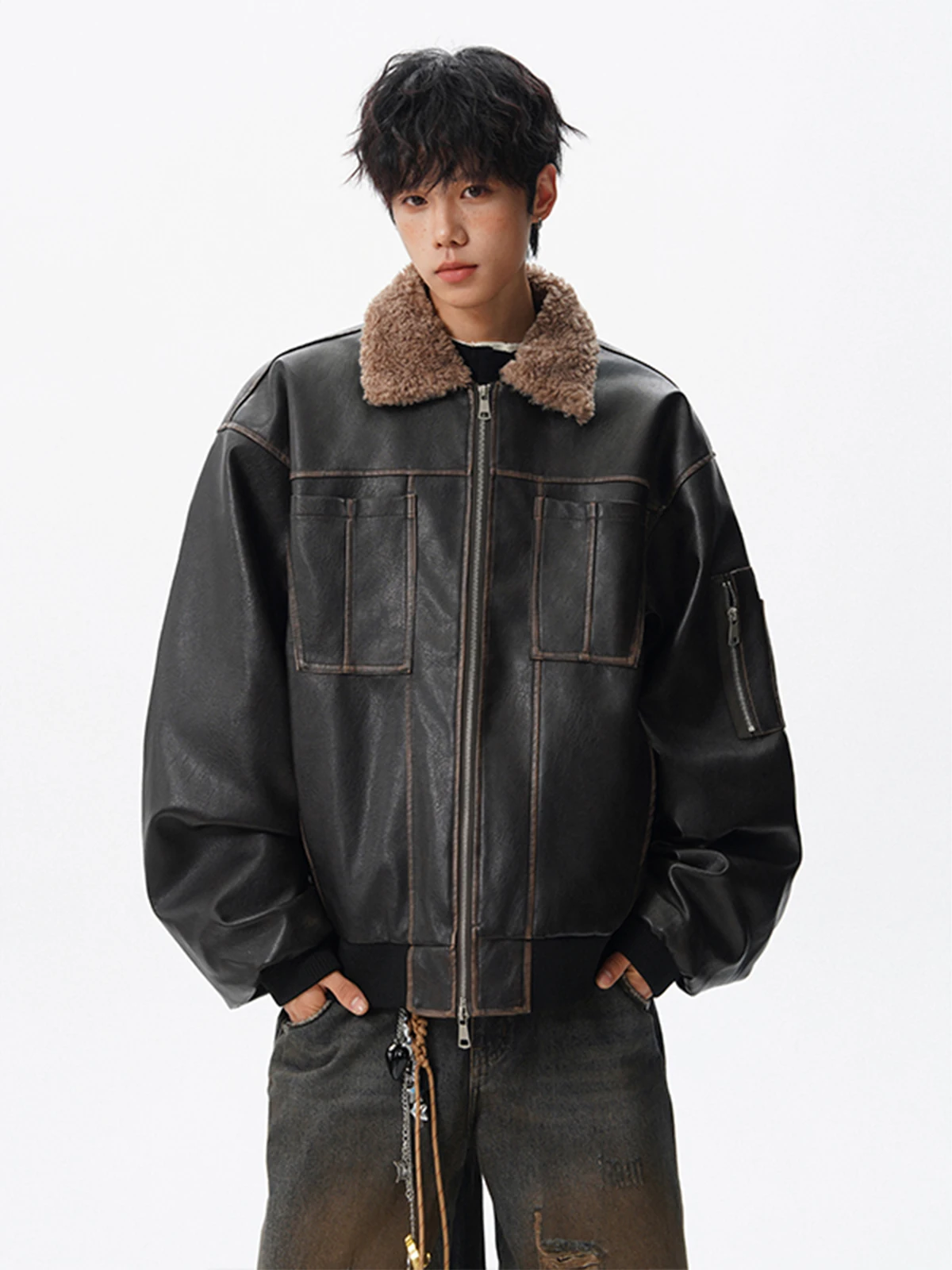 

American Sle Lamb Fur Collar PU Leather Cotton Jaet Men's Winter New Faion Loose Design Thi Warm Cotton Coat