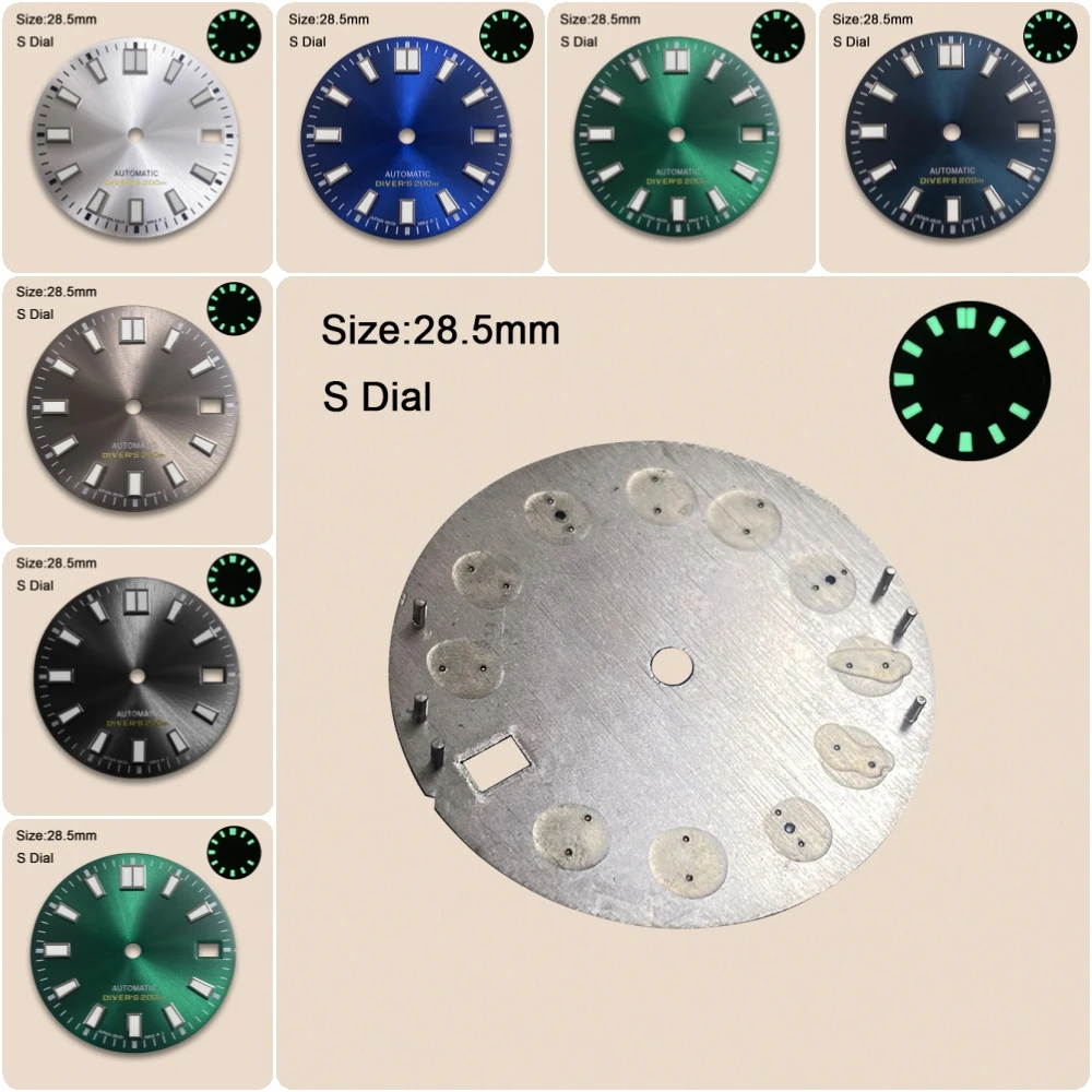

28.5mm S Logo Dial NH35 Sunburst Diver's Dial Fit NH35/NH36 Movement High-Quality Green Luminous Watch Modification Accessories