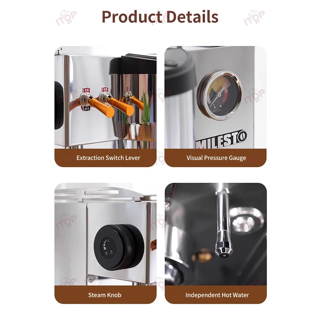 EM-19-M3PRO ماكينة قهوة اسبريسو غلاية نحاسية خارجية O-P-V صمام قابل للتعديل قبل التخمير والاستخراج درجة حرارة الماء 2450 وات