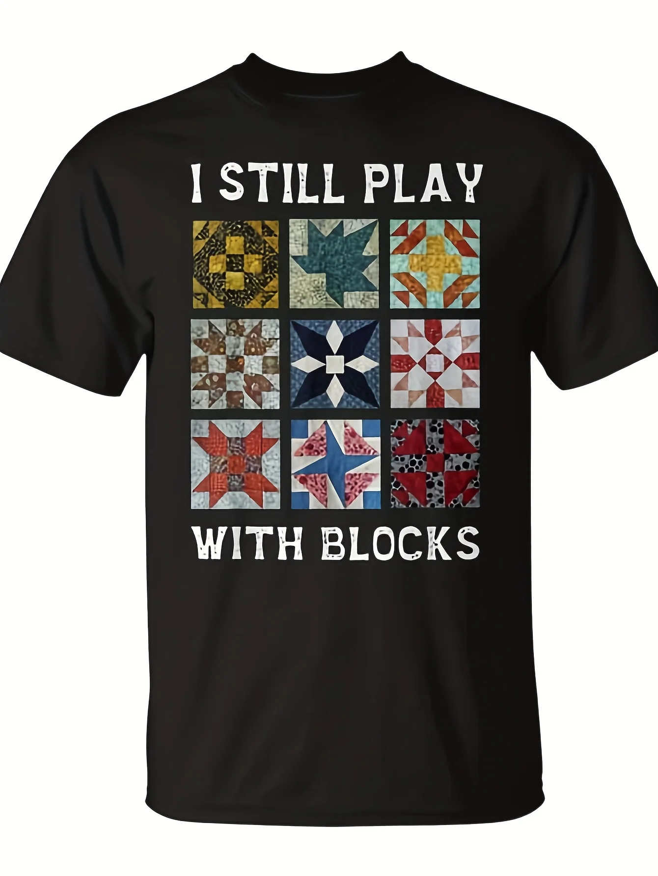 Funny Men's Black Graphic T-Shirt Quilt Block Patchwork Star Square I Still Play with Blocks Slogan Vintage Print 100% Cotton Heavyweight Short Sleeve Casual Streetwear Tee