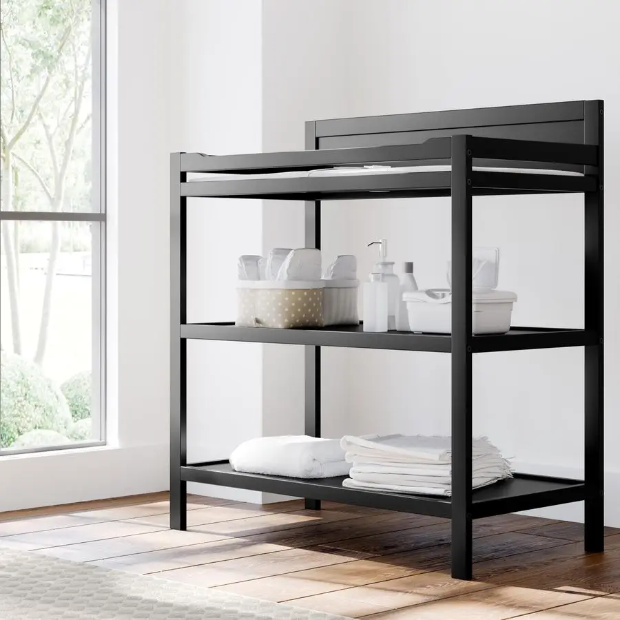 طاولة تغيير جبال الألب، طاولة تغيير الحضانة المعتمدة باللون الأسود والأخضر الذهبي، تتضمن وسادة تغيير مقاومة للماء، ورفين #2