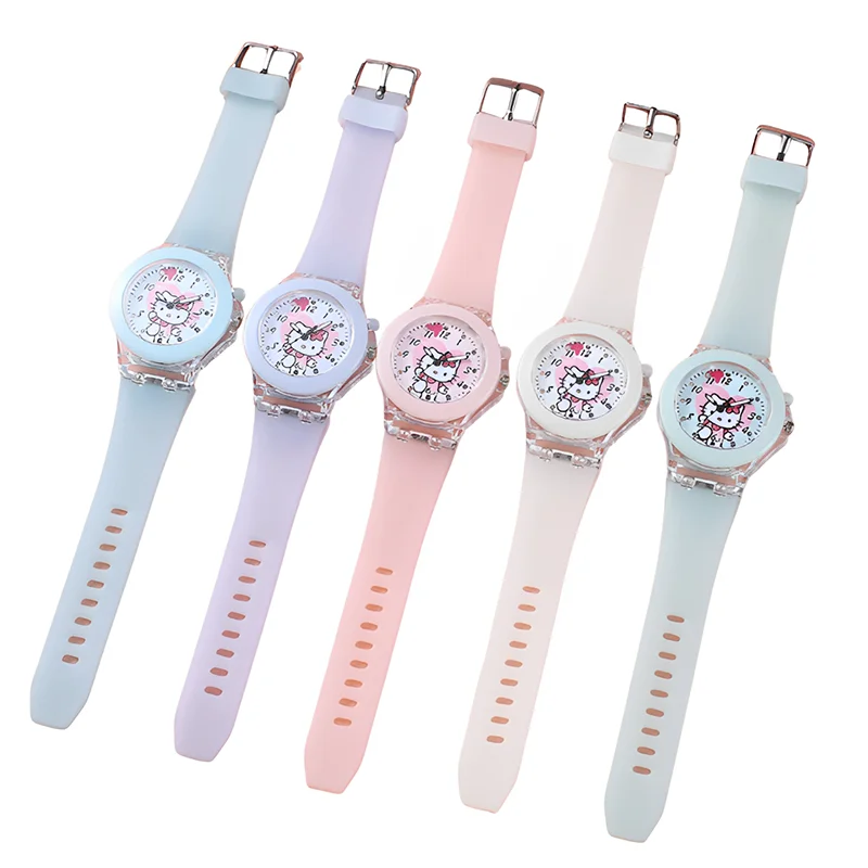 Miniso Anime Cartoon Sanrio Hello Kitty Luminous Silicone Quartz Girls Student Watch Children Glowing Sport Wristwatch Gifts