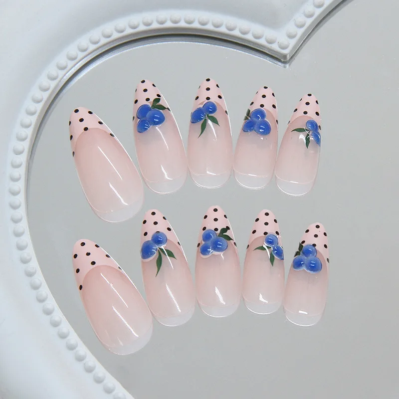 24/48Pcs Wearable 3D Blueberry Polka Dot Press On Nails Cute Sweet Fake Acrylic Nails For Women Daily Manicure