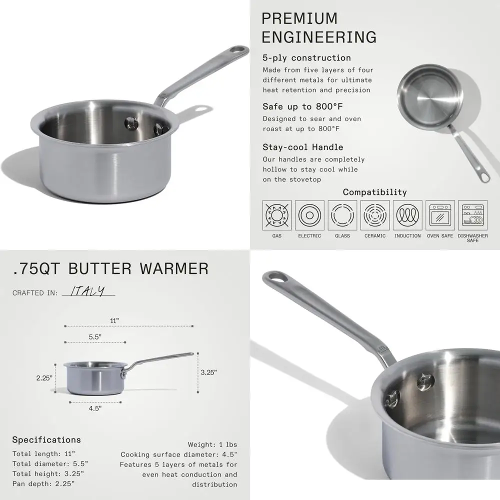 

Italian Crafted 5 Ply Stainless Steel Butter Warmer, 3/4 Quart Capacity, Professional Quality Cookware